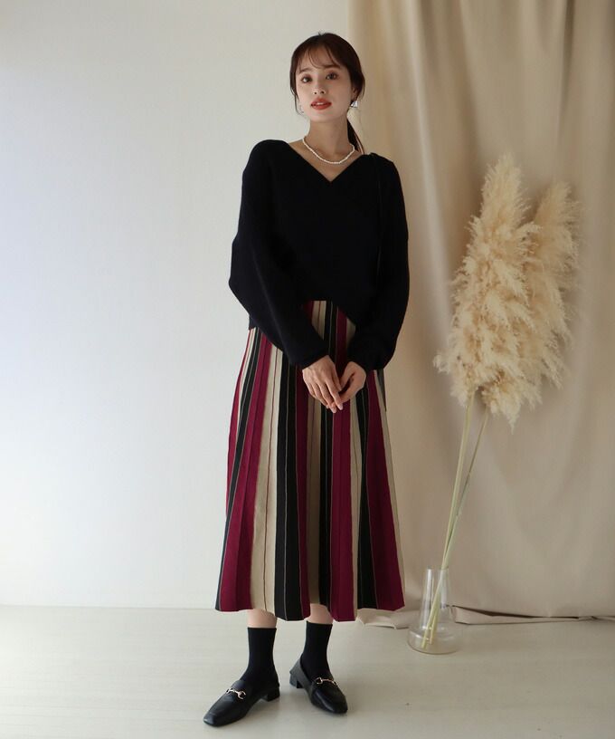 日本 BLUE EAST - [店員推薦] 撞色修身針織長裙-深藍x粉紫