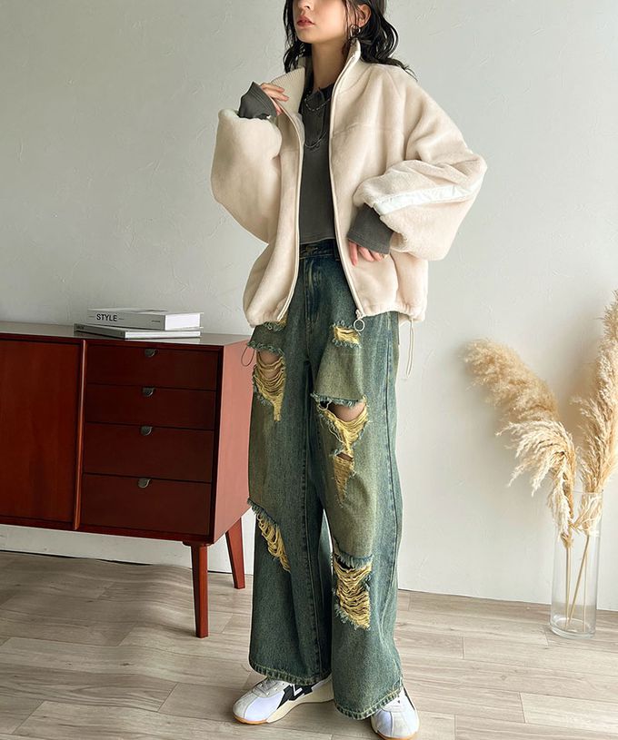 日本 Classical Elf - 率性立領絨面拼接大寬袖夾克-米白