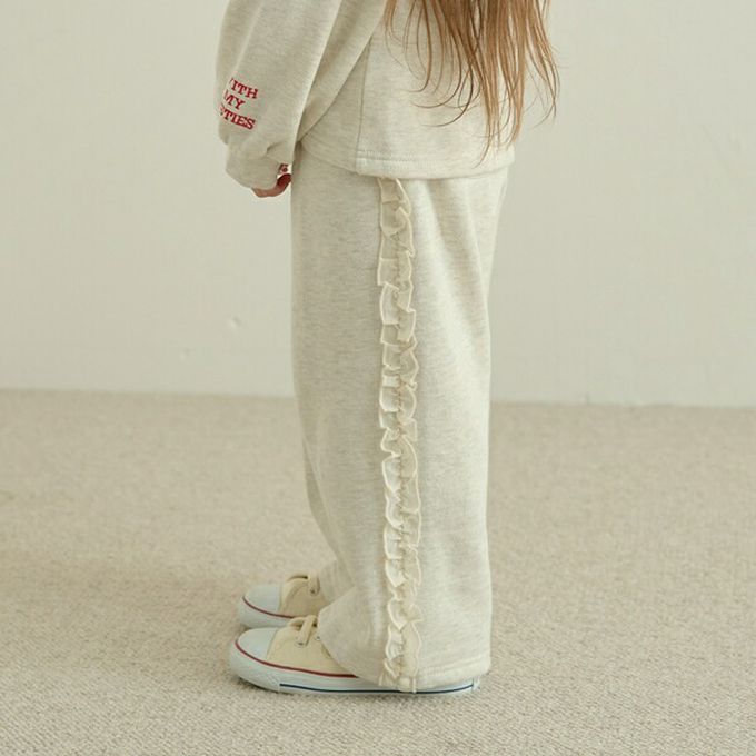 日本 Lycee mine - 側邊薄紗荷葉休閒長褲(不易起毛球)-炭灰