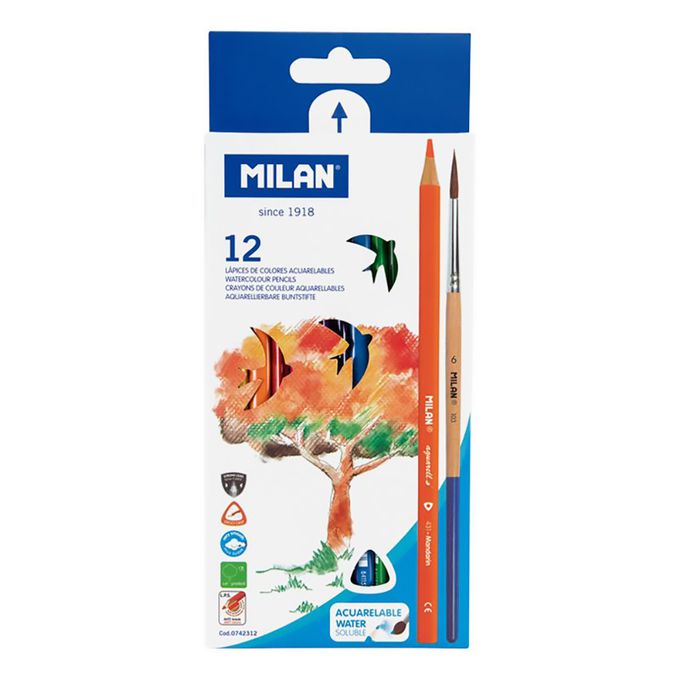 MILAN - 美勞用品組-水溶性色鉛筆12色+小瓢蟲學童安全可攜式剪刀(含刀柄套)_綠色+兒童專用變色口紅膠_挪威森林_雪怪Yeti