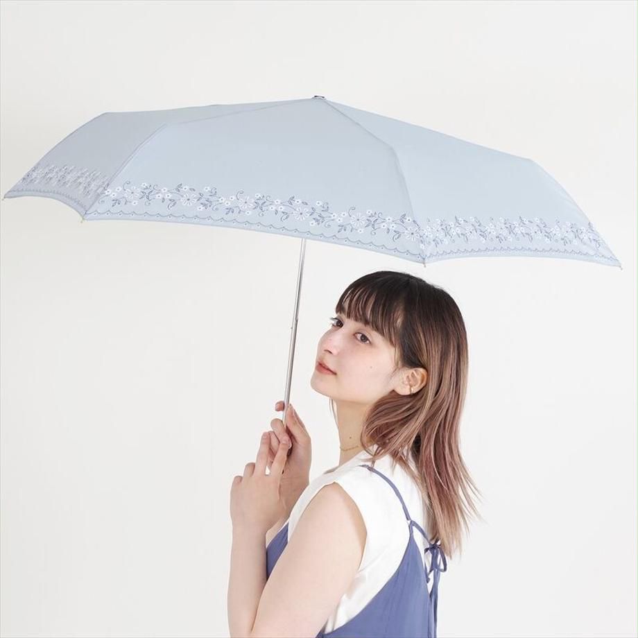 日本 nifty colors - 抗UV輕量 晴雨兩用折疊傘-浪漫花邊-水藍 (直徑98cm/191g)