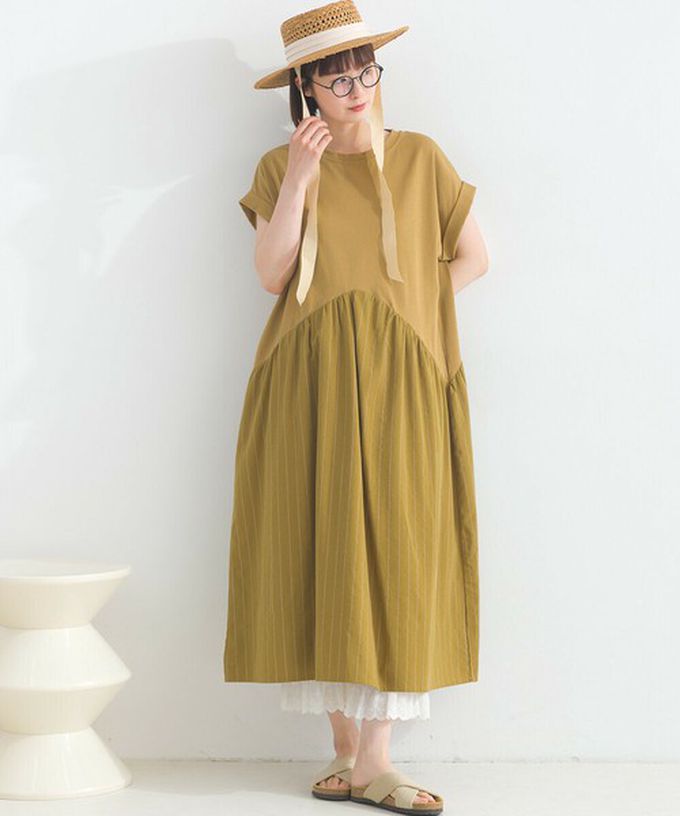 日本 Lupilien - [人氣款]亞麻混紡條紋拼接短袖洋裝-芥末黃