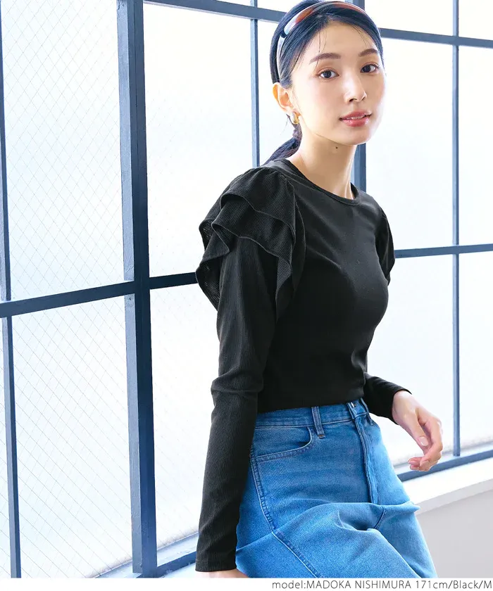 日本 COCA - 棉混透氣荷葉邊薄長袖上衣-黑