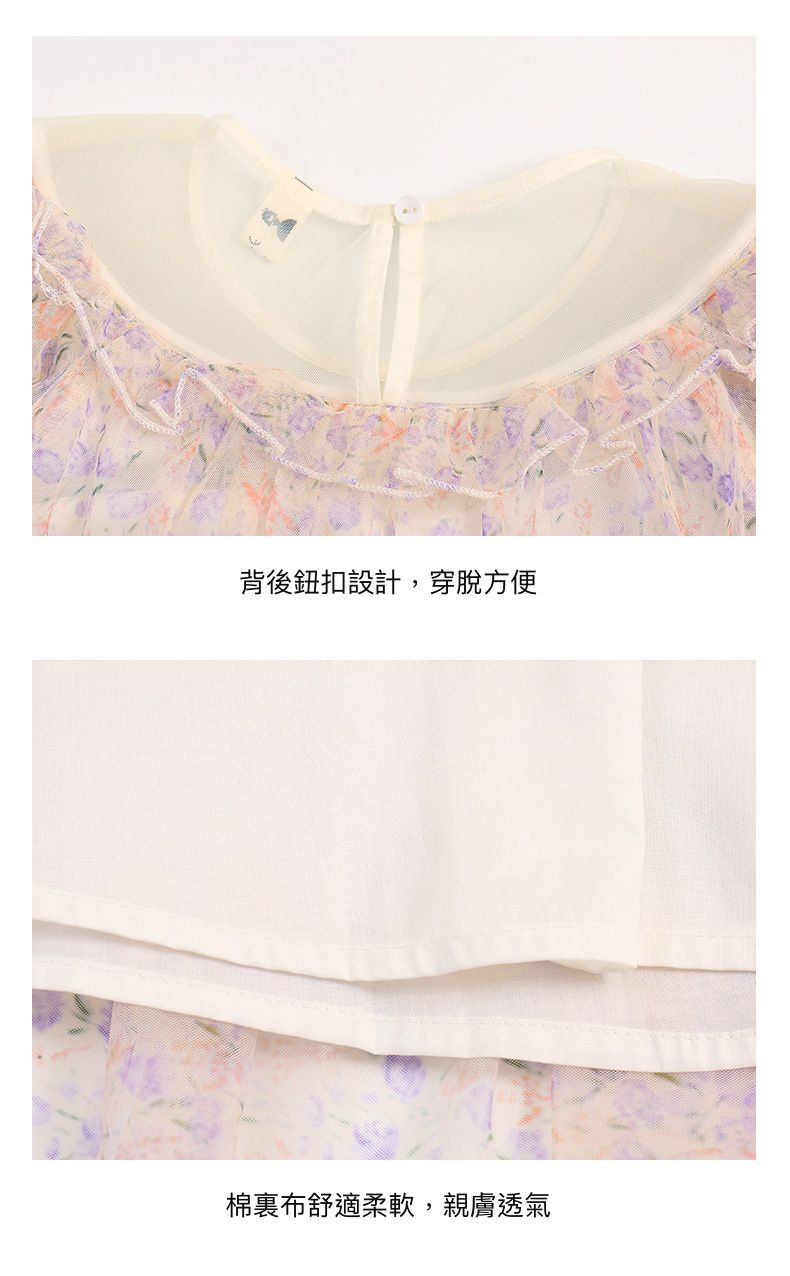 網紗泡泡袖蛋糕裙洋裝-滿版碎花-白+紫