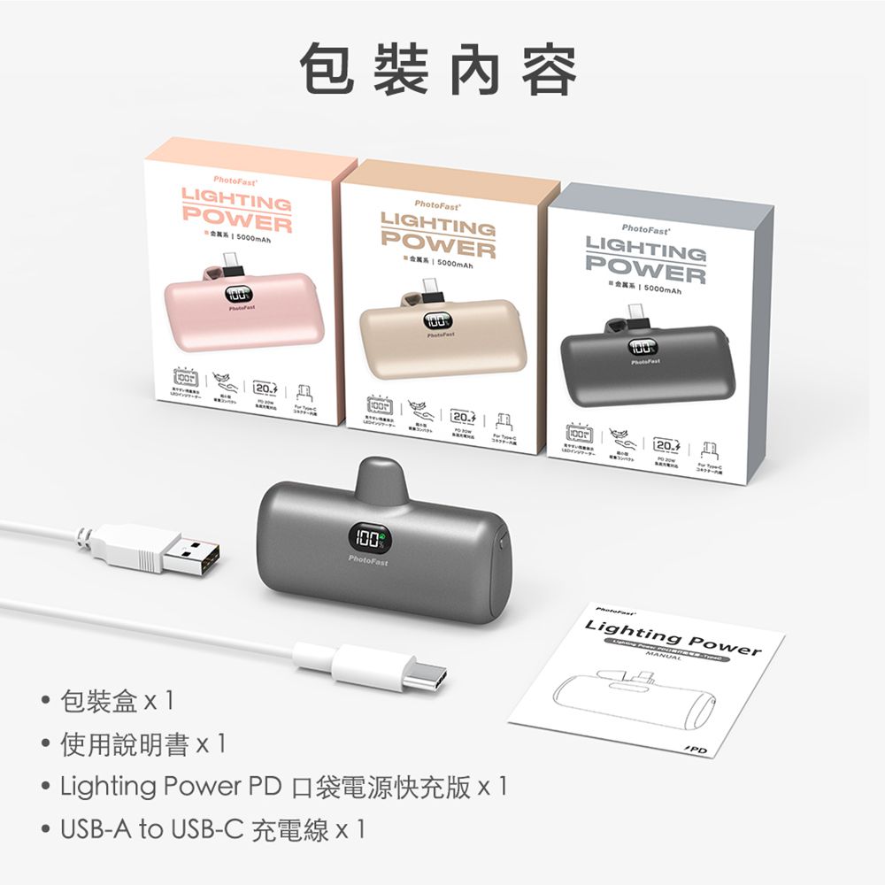 PD快充版 5000mAh 直插式 口袋電源 行動電源 Lighting Power-金屬限定款 (蘋果 / 安卓)-香檳金