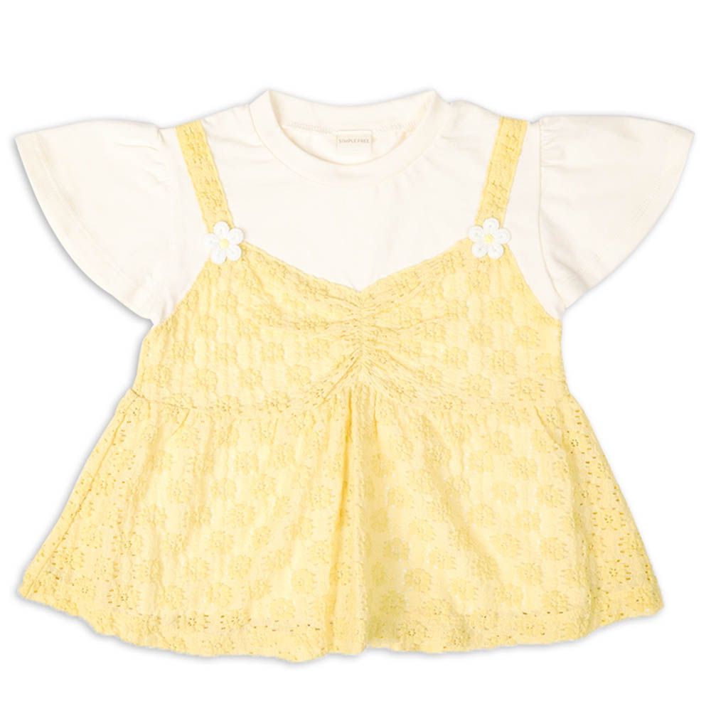 短袖假兩件T恤-緹花-黃色