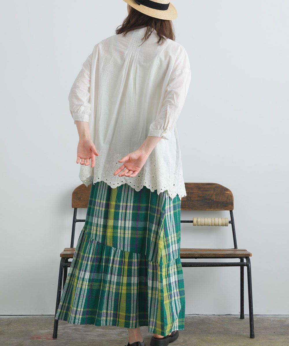 日本女裝代購 - 100%印度棉 超透氣飄逸長裙-大格紋-淺米杏