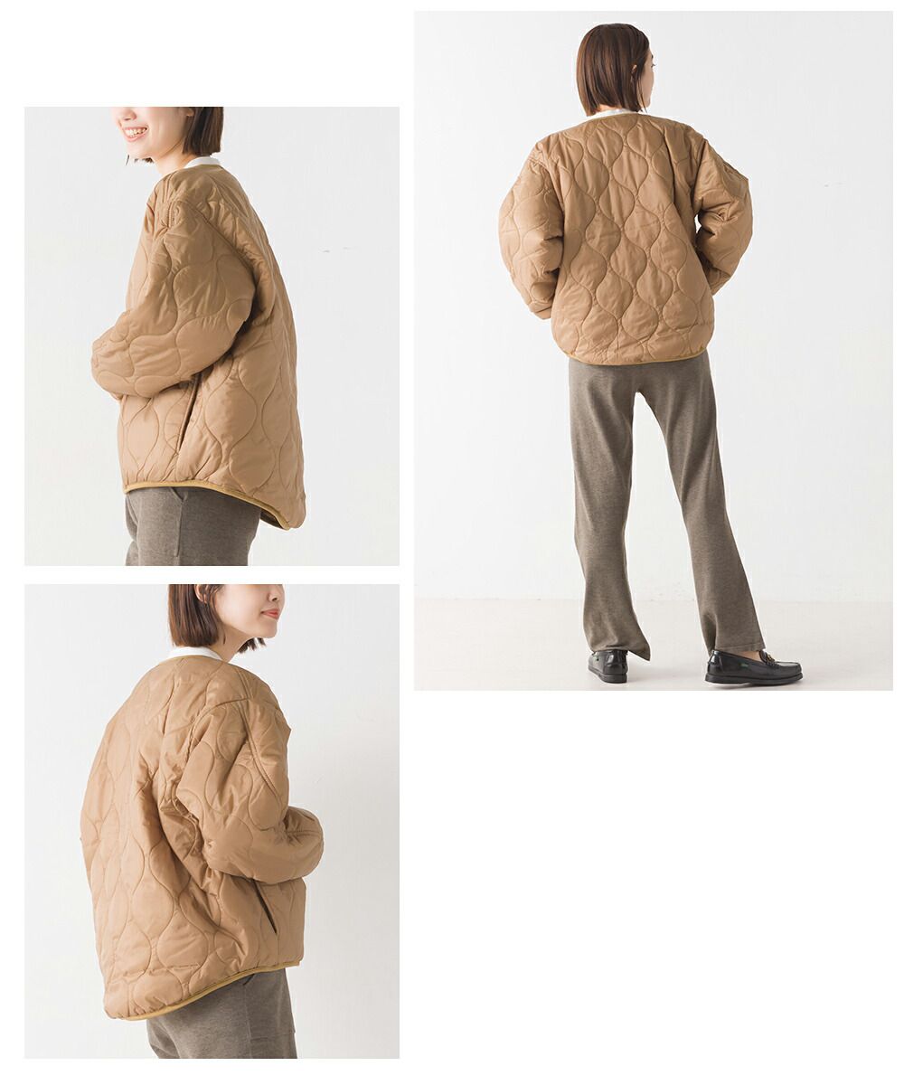 日本 OMNES - 輕量斜衣襬衍縫短版保暖外套-杏