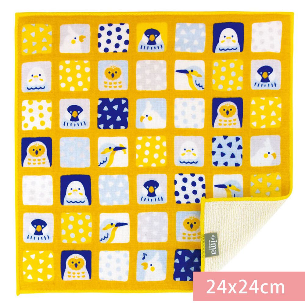 日本代購 - 【ima+】日本製今治純棉手帕-北歐格子鳥-黃 (24x24cm)