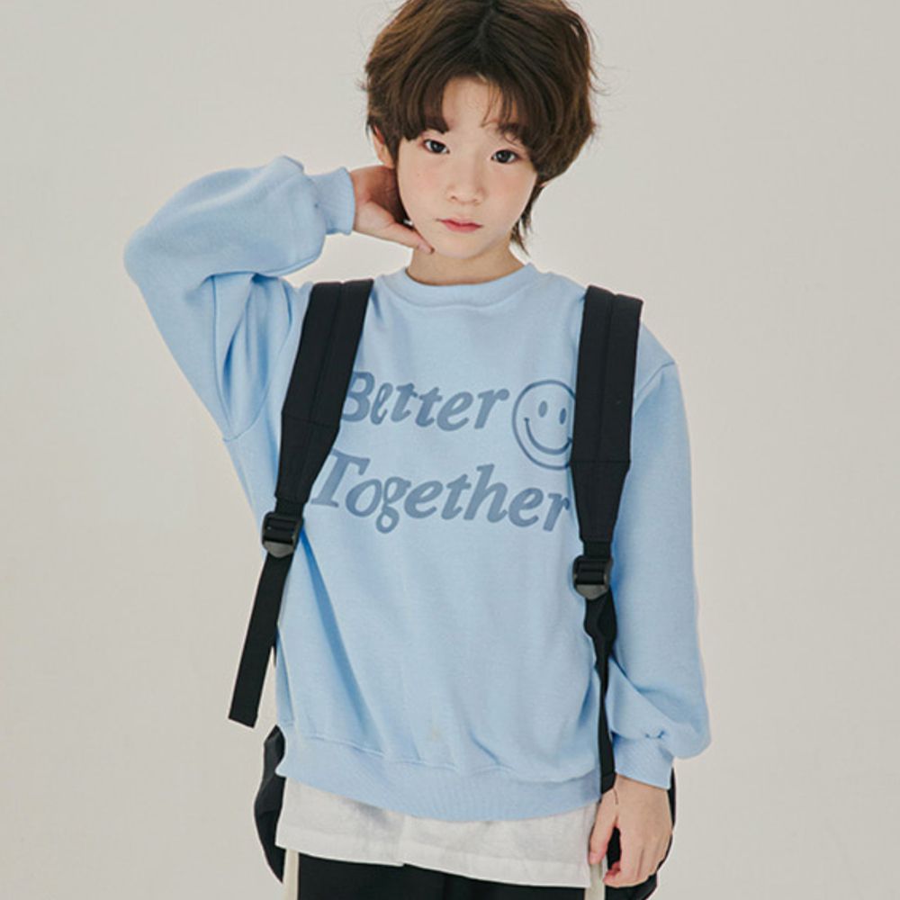 W.S.B. 內磨毛長袖大學T-一起笑臉-天藍