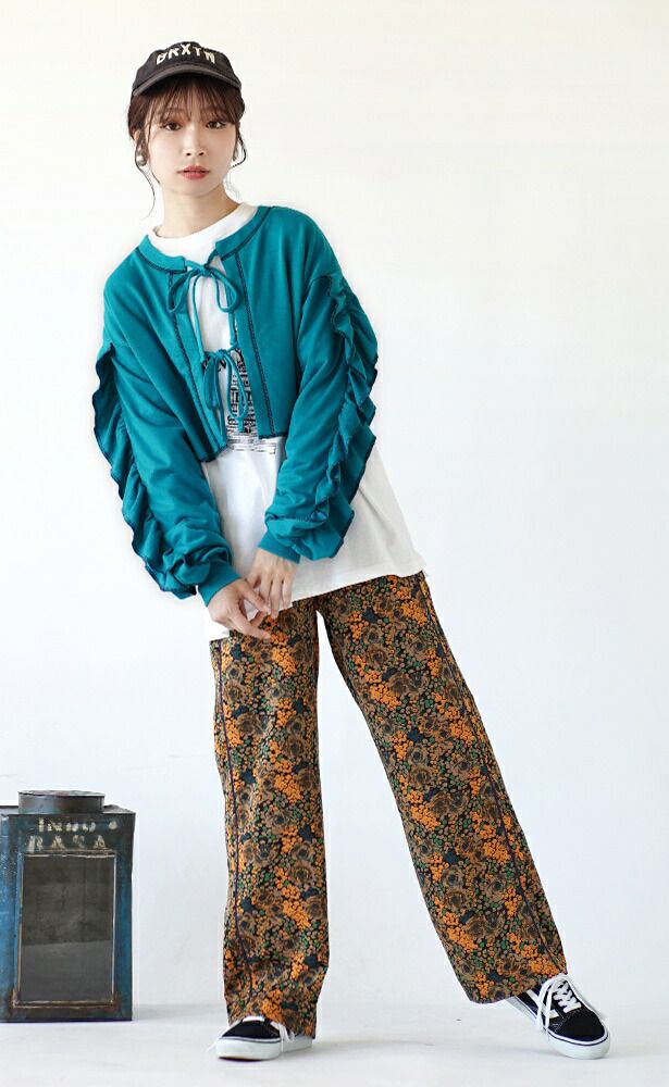 日本 zootie - 2WAY荷葉滾邊綁帶長袖罩衫-寶石藍