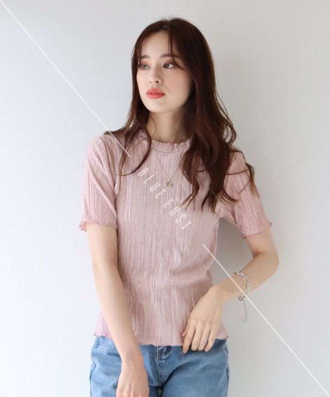 日本 BLUE EAST - 韓國製 圓領貝殼紋光澤短袖上衣-煙燻藍