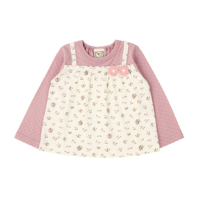 日本 ZOOLAND - 清新紋理假二件長袖上衣-撞色花朵-象牙x玫粉