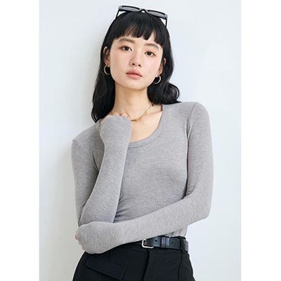 KPUWARM - 4.1%羊毛天絲修飾U領長袖上衣-原麻灰
