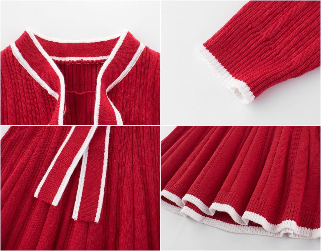 長袖針織洋裝-領口蝴蝶結-紅色