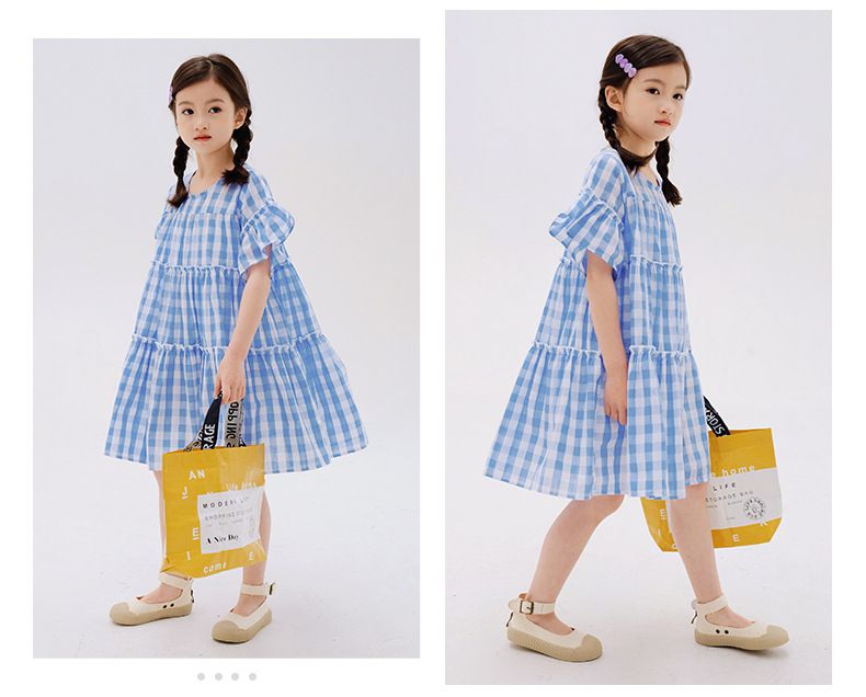 夏日風情拼接蛋糕裙洋裝-藍白格紋