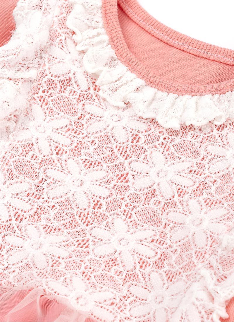 韓國 OZKIZ - 胸前蕾絲花朵網紗長袖拼接洋裝