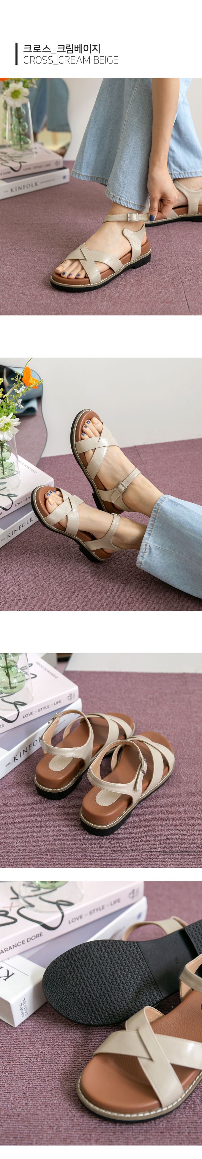 韓國 PINKELEPHANT - 光澤皮革交叉帶厚底涼鞋(4.5cm)-灰杏