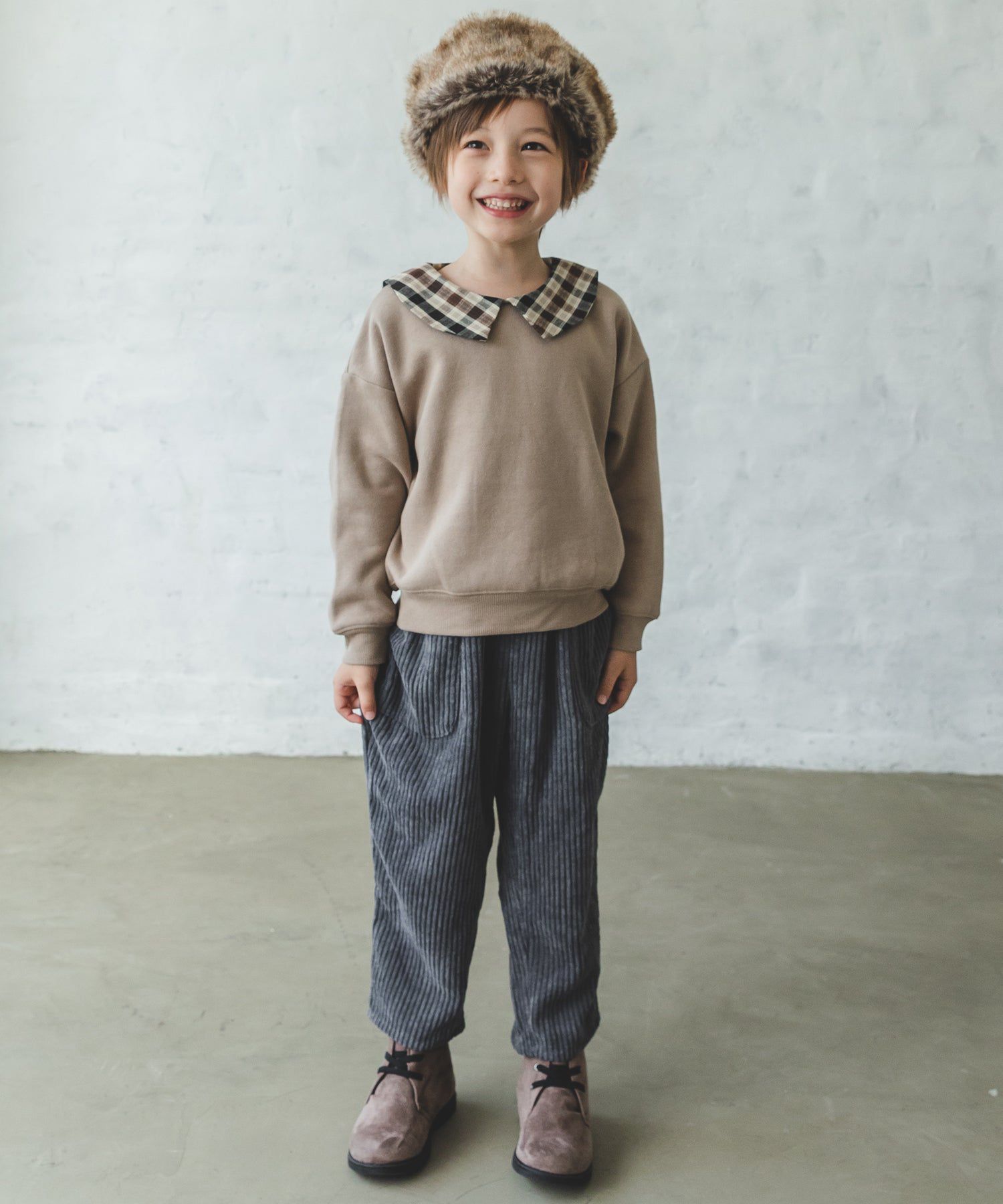 日本 PAIRMANON - 歐風翻領刷毛長袖上衣-碎花領-煙燻粉