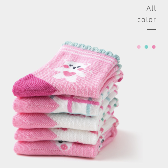 love, charlotte - 粉色小熊格子愛心網眼短筒棉襪-5 雙一組