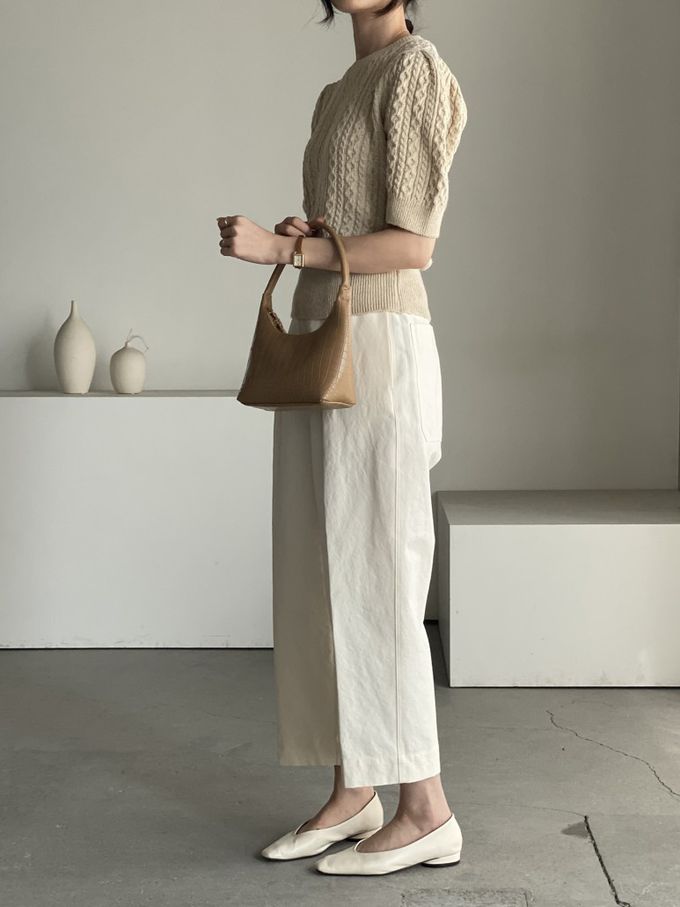 韓國女裝連線 - 麻花辮編織五分袖針織上衣-卡其 (FREE)