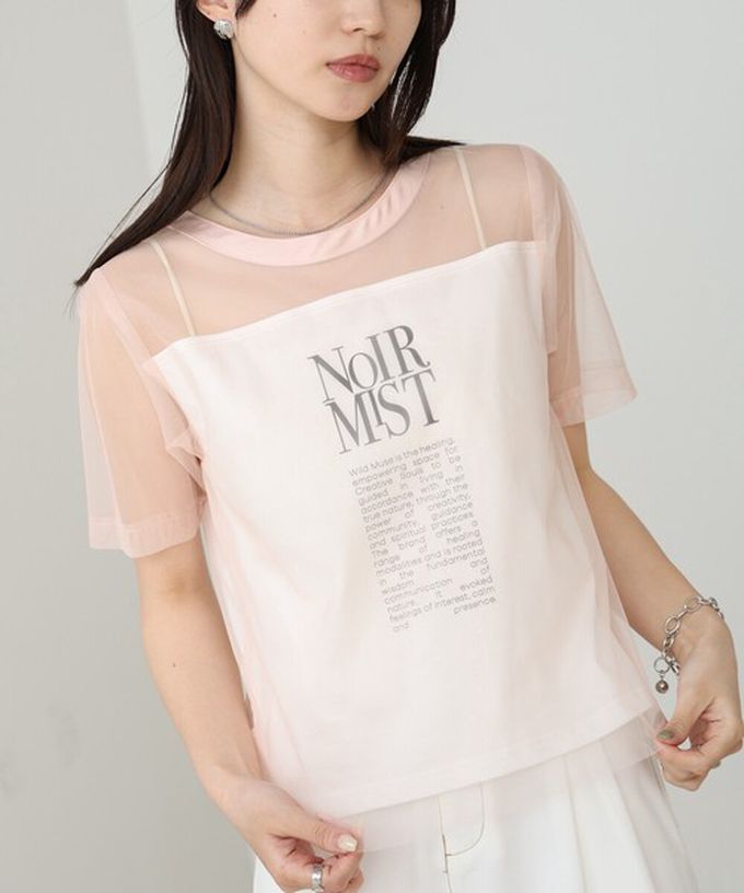 日本 Bab - 個性風透膚薄紗層次短袖上衣-英文字印花-嫩粉紅