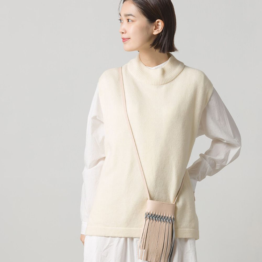 日本 OMNES - 50%羊毛 小立領側綁帶針織背心-米