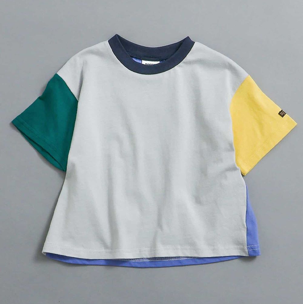 純棉百搭定番短袖上衣-撞色袖-白x綠x黃
