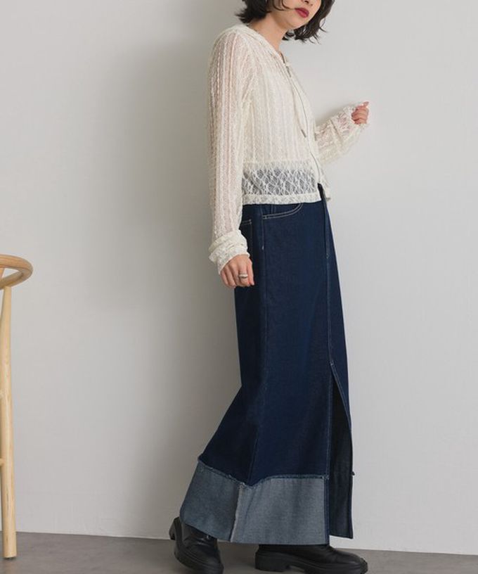 日本 ELENCARE DUE - 10oz抽鬚摺邊俐落前開叉牛仔長裙-黑