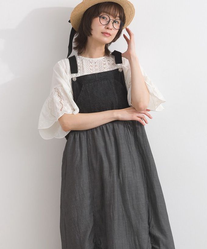 日本 Lupilien - 拼接風抽繩飄逸薄牛仔吊帶洋裝-藍灰系