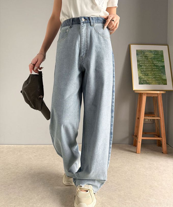 日本 Classical Elf - Java 個性深淺配色寬版丹寧褲-灰黑系