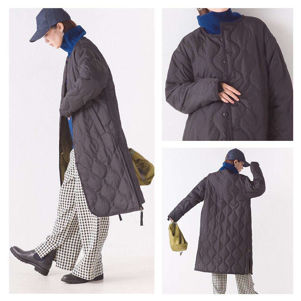 日本 OMNES - 輕量波浪衍縫長版羽絨外套-焦糖棕