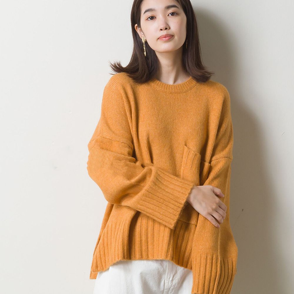 日本 OMNES - 羊毛混紡 大口袋設計慵懶超長袖針織毛衣-橘 (F)
