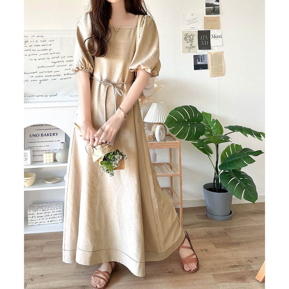 典雅2way露肩腰綁帶泡泡袖洋裝-米杏