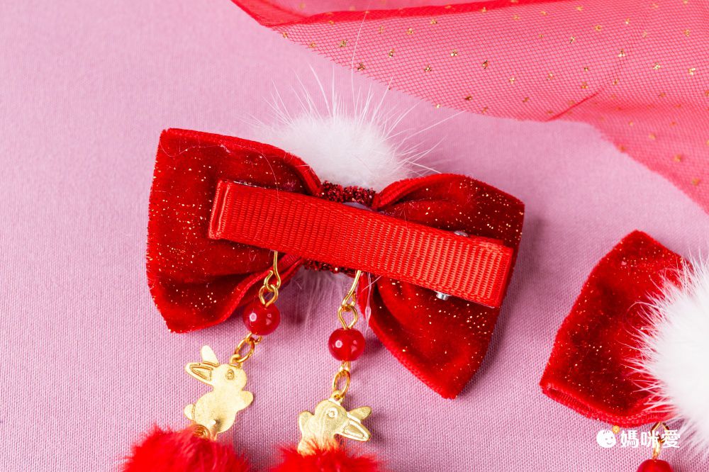 兔年喜氣洋洋拜年兒童髮飾-蝴蝶結+小金兔-紅色