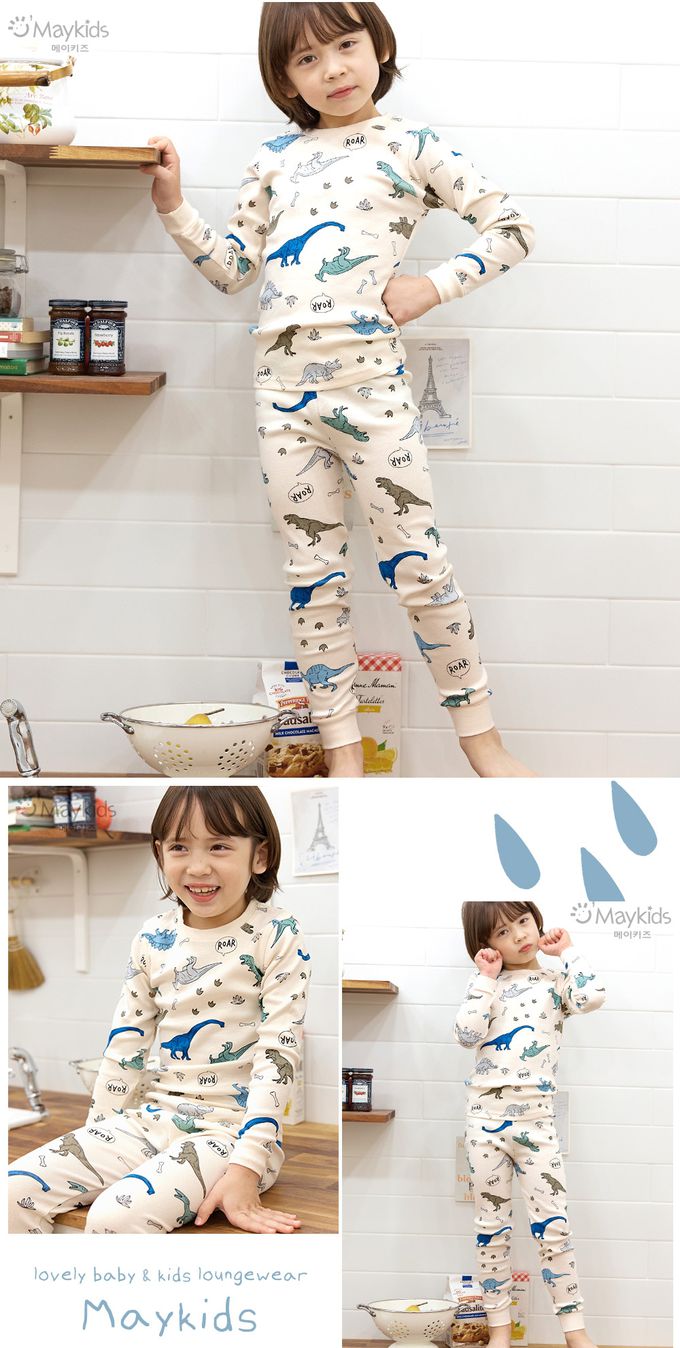 韓國 Maykids - 無螢光20支棉長袖家居服-恐龍遊行-米