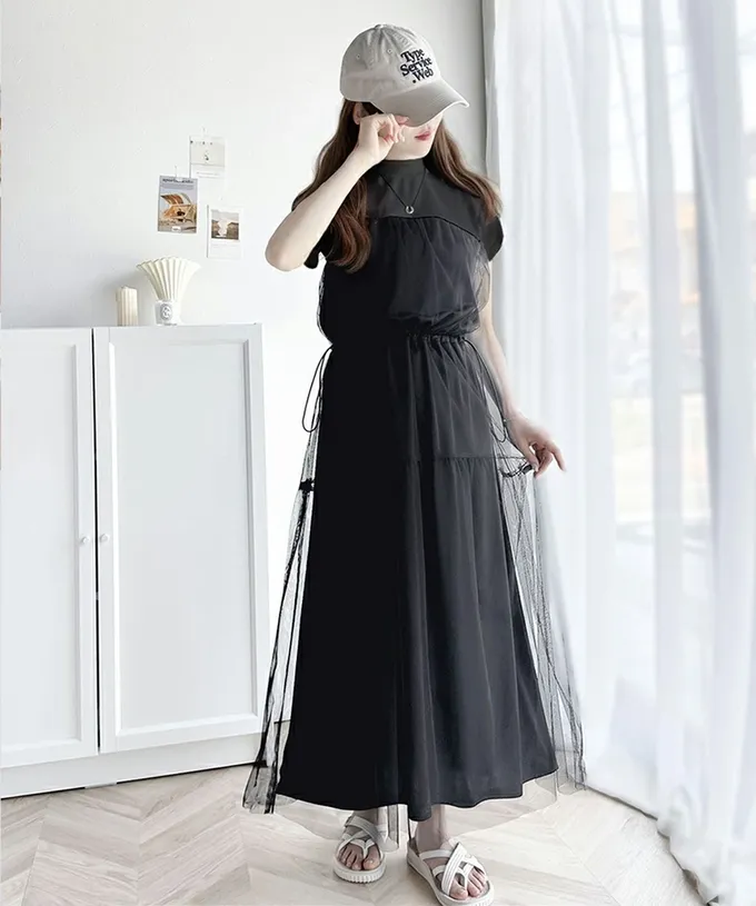 日本 Classical Elf - 顯瘦抽繩薄紗拼接法式袖洋裝-黑系