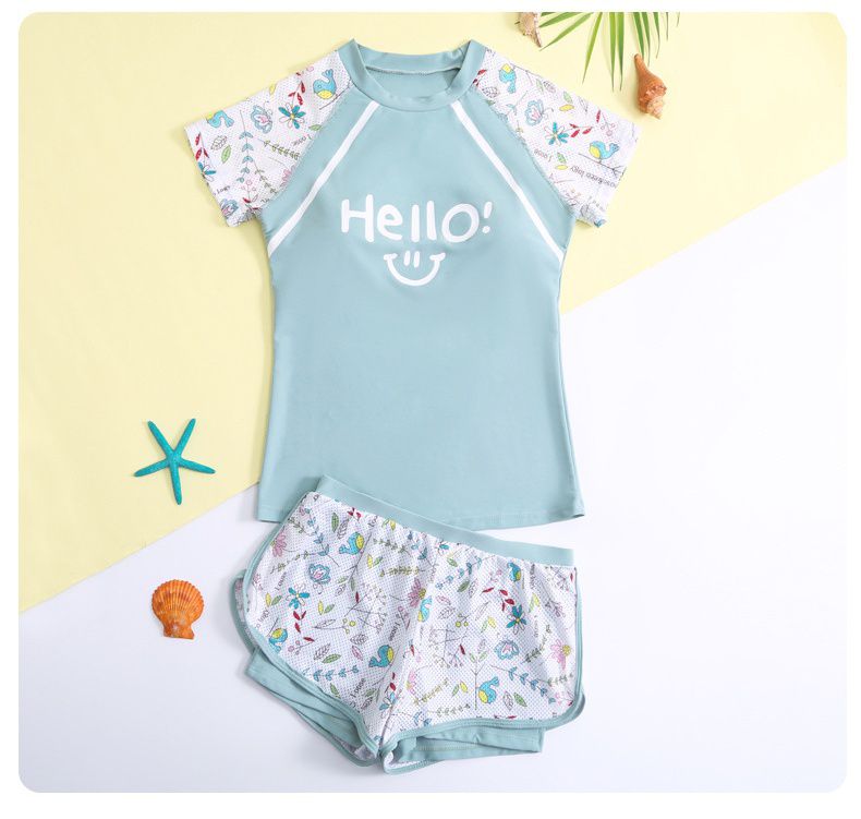 大童女孩運動風短袖泳衣套裝(二件組)-繽紛樹葉-湖水綠-泳衣、泳褲
