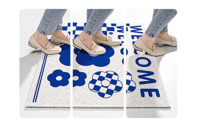 防塵刮沙入門玄關腳踏墊-格紋+花花-藍+白