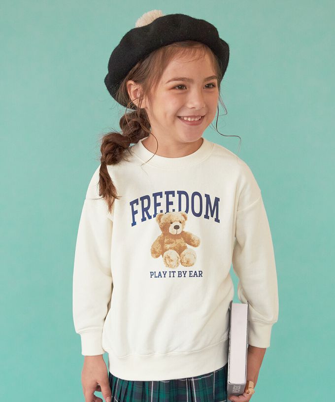 日本 devirock - 百搭女孩印花裏毛長袖上衣-法式標語-米白