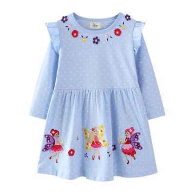 Jumping meters - 棉質圓領長袖連身洋裝-蝴蝶仙子-藍色點點