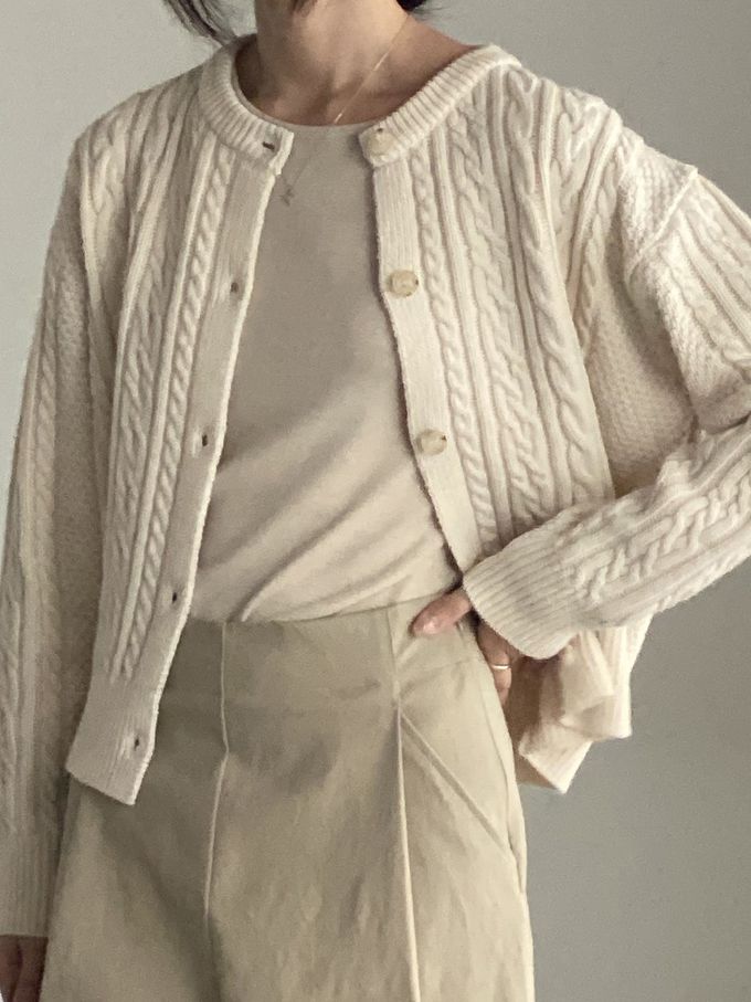 韓國女裝連線 - 麻花捲鈕扣無領針織外套-奶油米 (FREE)