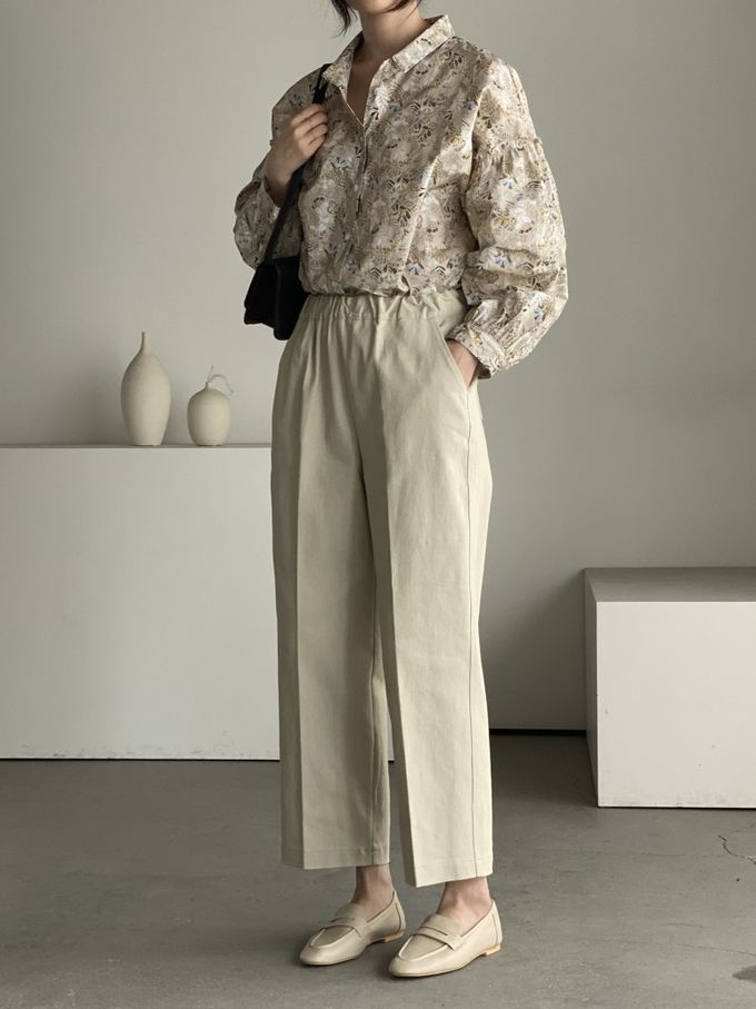 韓國女裝連線 - 花草圖樣翻領拼接長袖襯衫-卡其 (FREE)