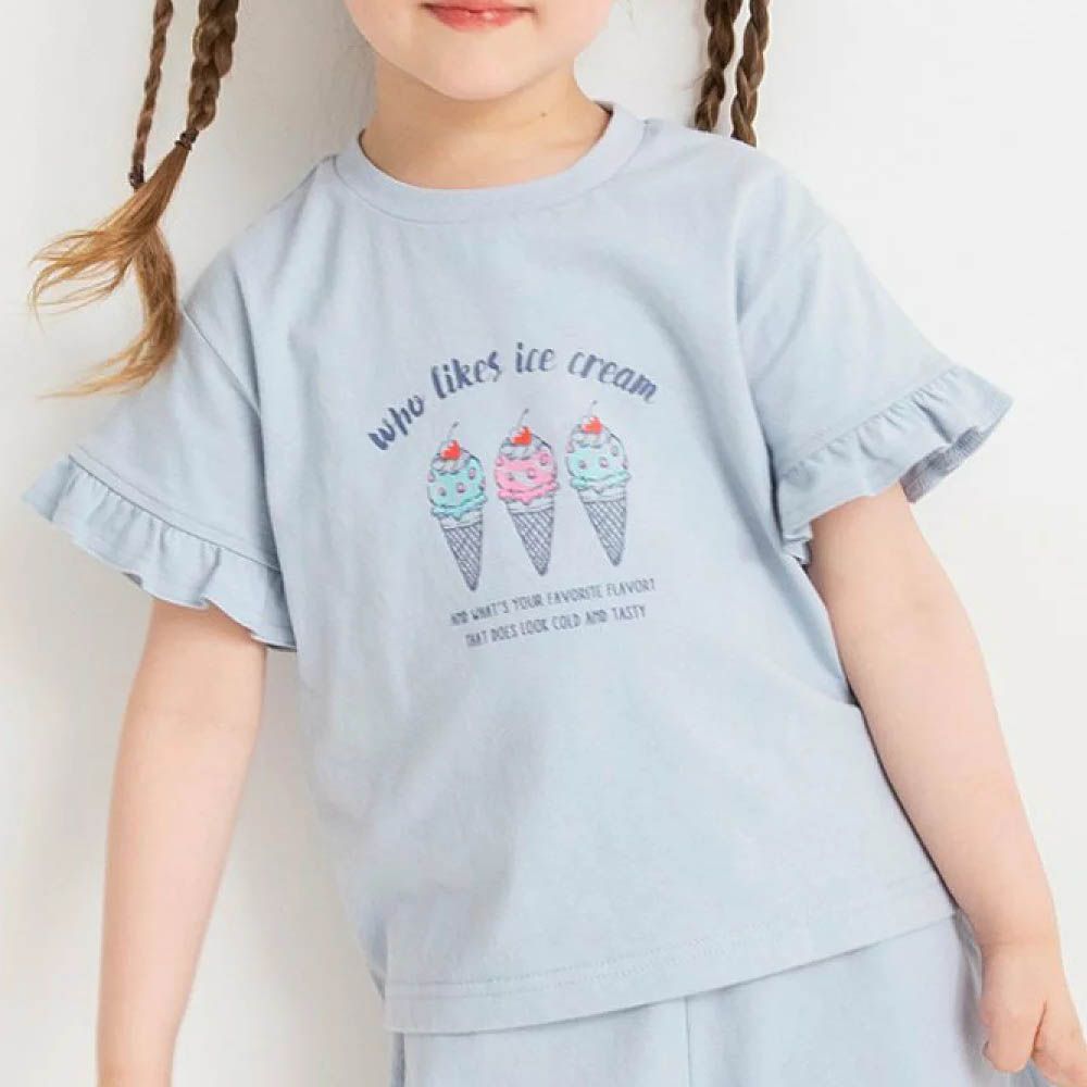 純棉荷葉袖女孩印花短袖上衣-冰淇淋-水藍