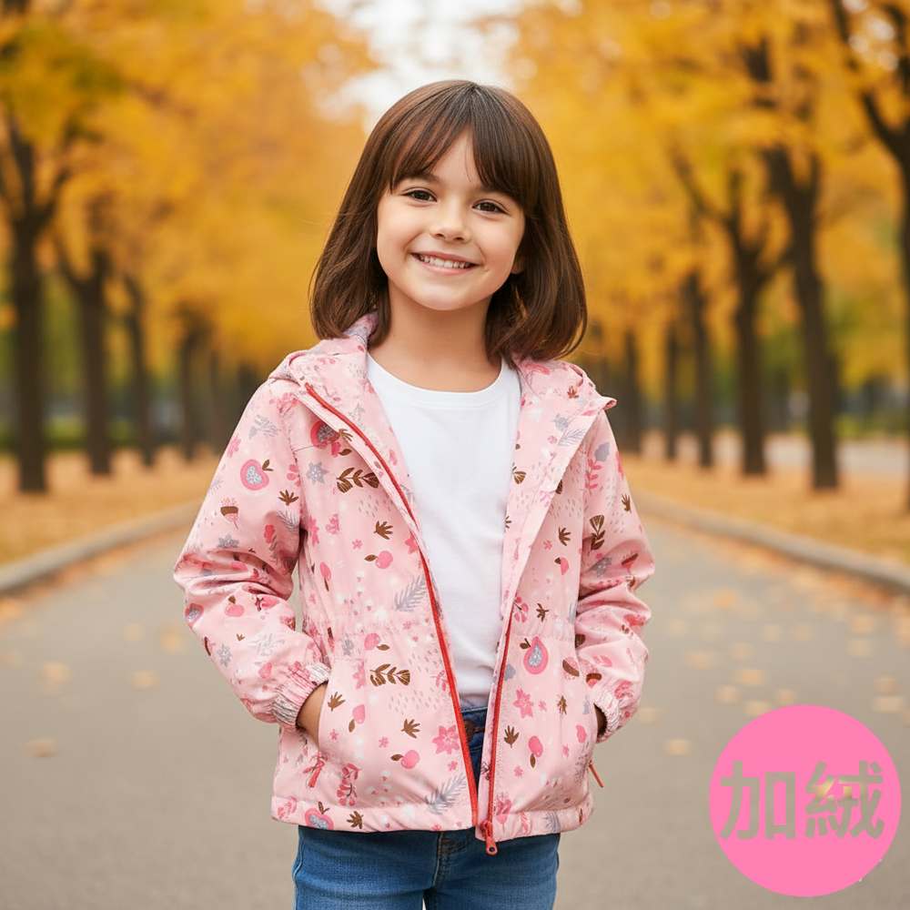 收腰款防風防雨衝鋒外套(加絨)-粉底樹葉-直拉鏈