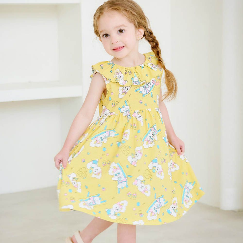 沙灘兔兔純棉翻領背心洋裝-黃