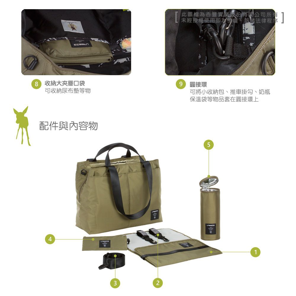 德國 Lassig - 法式時尚大托特媽媽包-橄欖綠-含尿布墊+推車掛勾+保溫瓶收納包