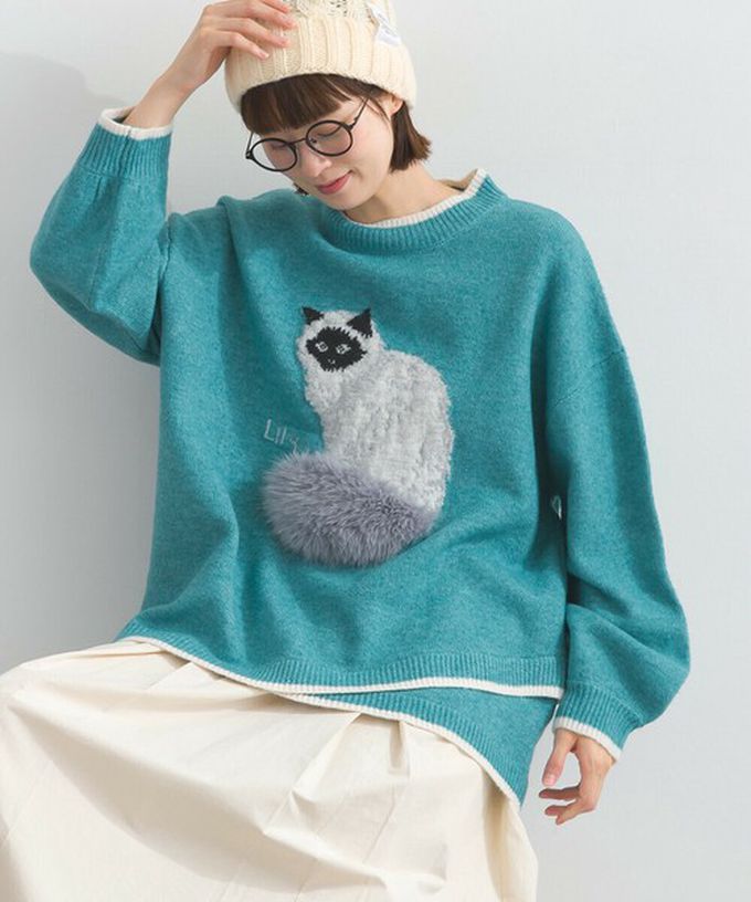 日本 Lupilien - 毛絨尾巴貓咪設計感針織長袖上衣-藍綠