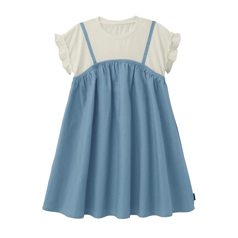 日本千趣會 - 假兩件吊帶棉麻透氣荷葉袖洋裝-條紋x卡其