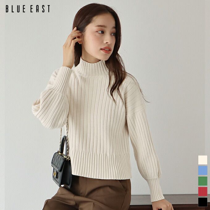 日本 BLUE EAST - 百搭坑條立領針織毛衣-水藍